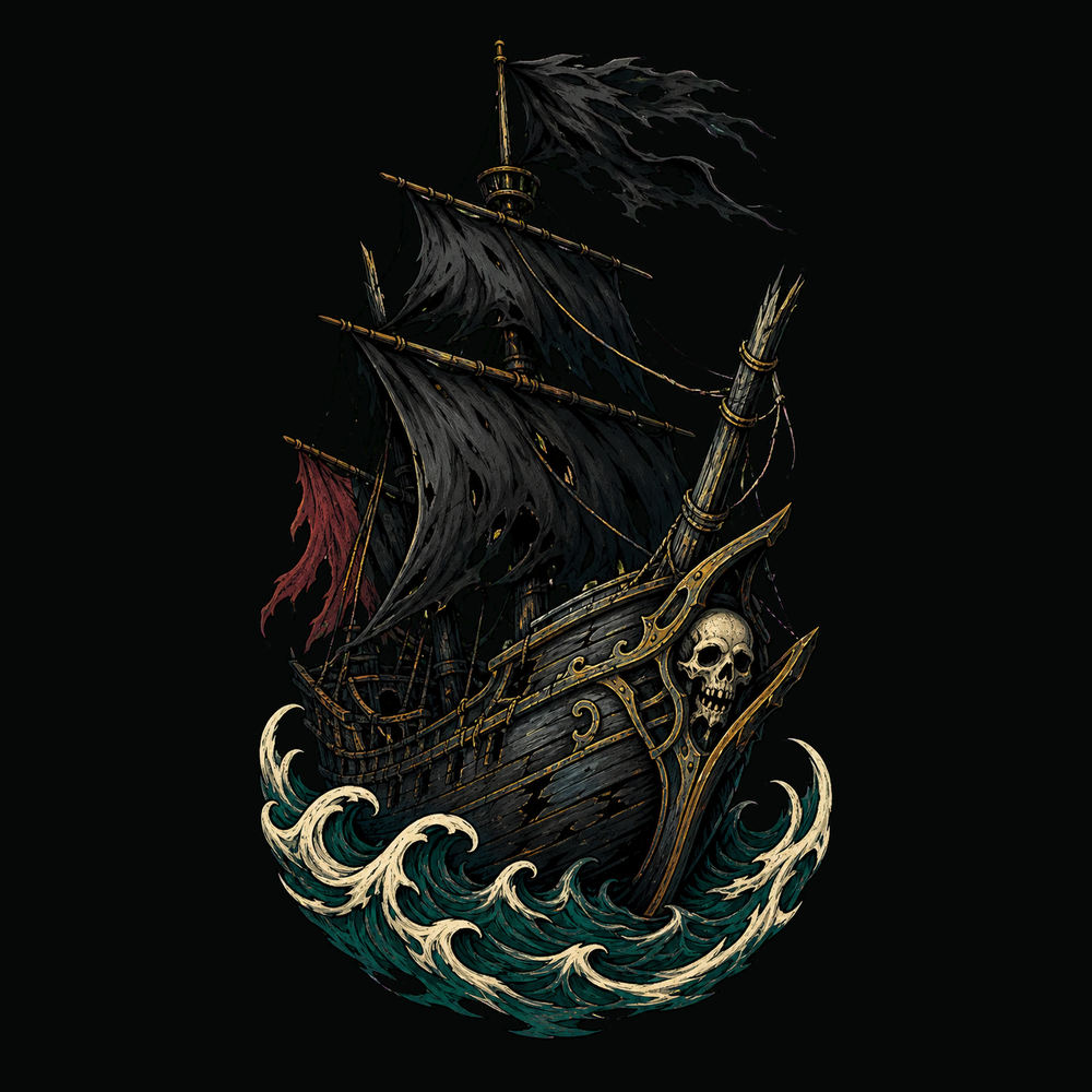 Old ship tattoo symbol with black flag, waves and storm clouds.