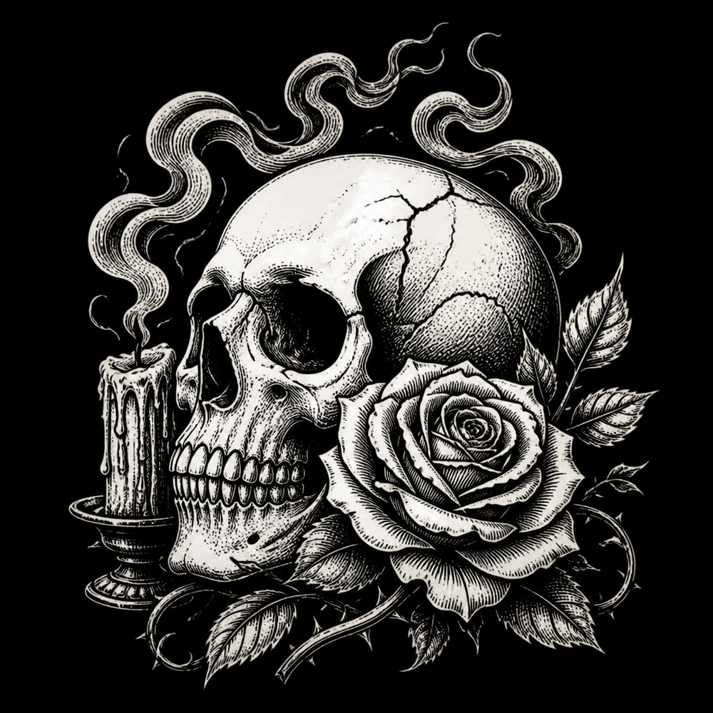 Skull and rose gothic tattoo symbol with candle smoke.