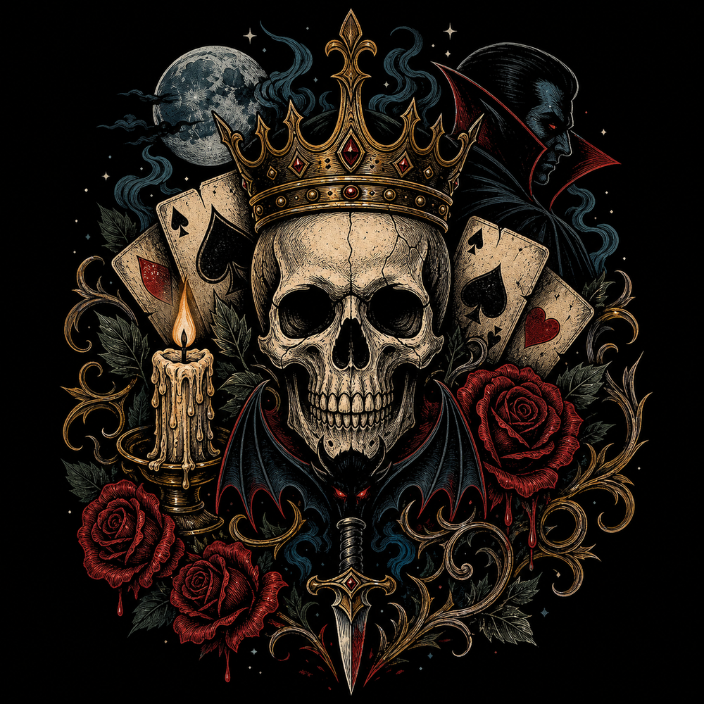 Skull graphic tee horror symbolism with crown, cards and dark roses.