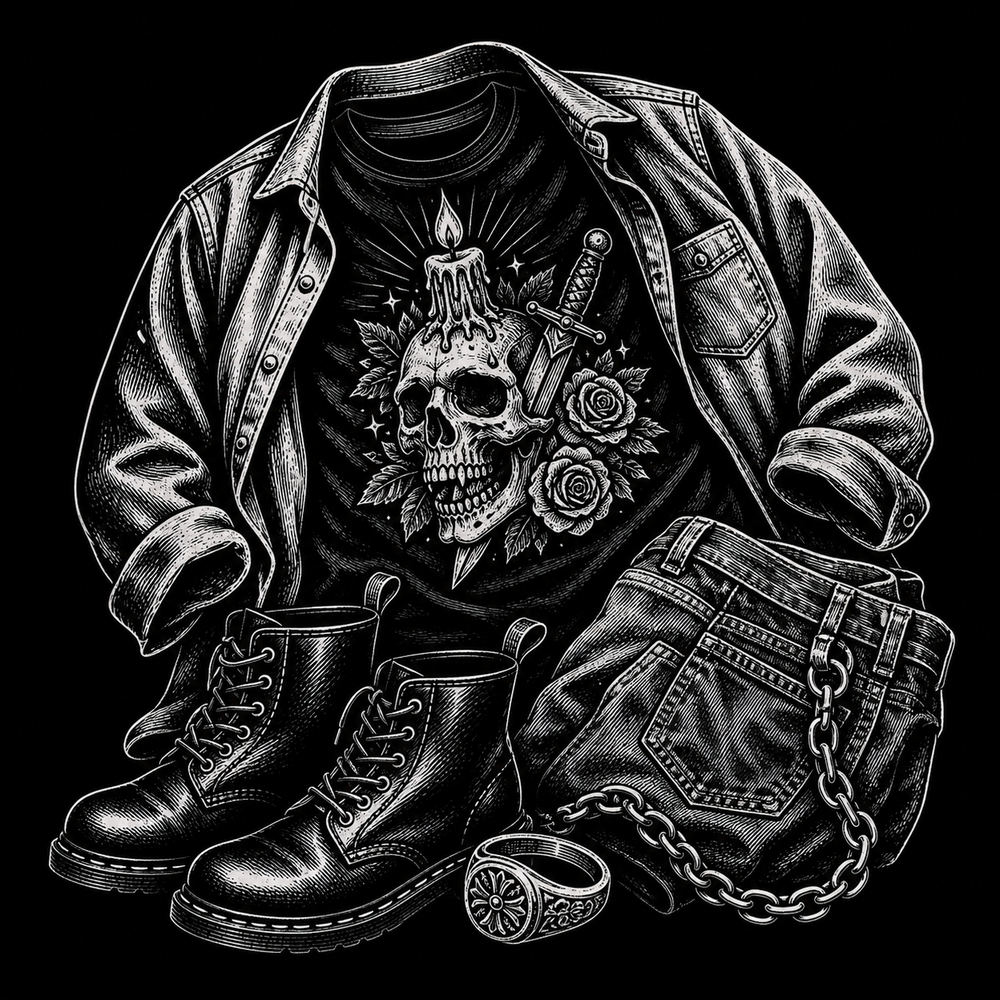 Styled dark graphic tee with boots, overshirt, denim and silver jewellery.