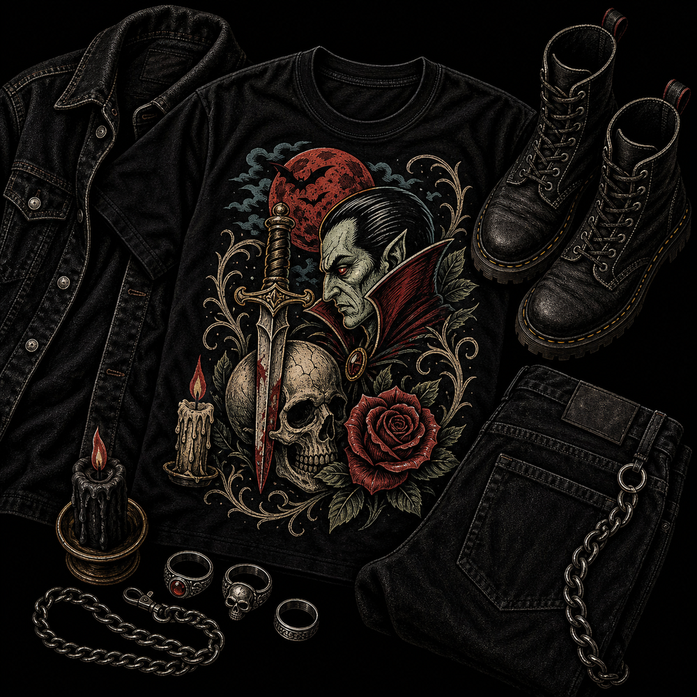 Styled horror T-shirt outfit with black denim, boots and limited colour monster artwork.