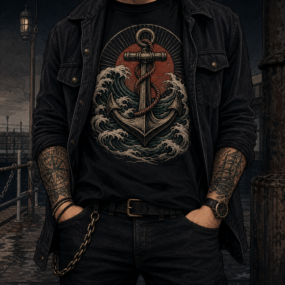 Dark streetwear outfit with black nautical graphic tee, jacket and harbour background.