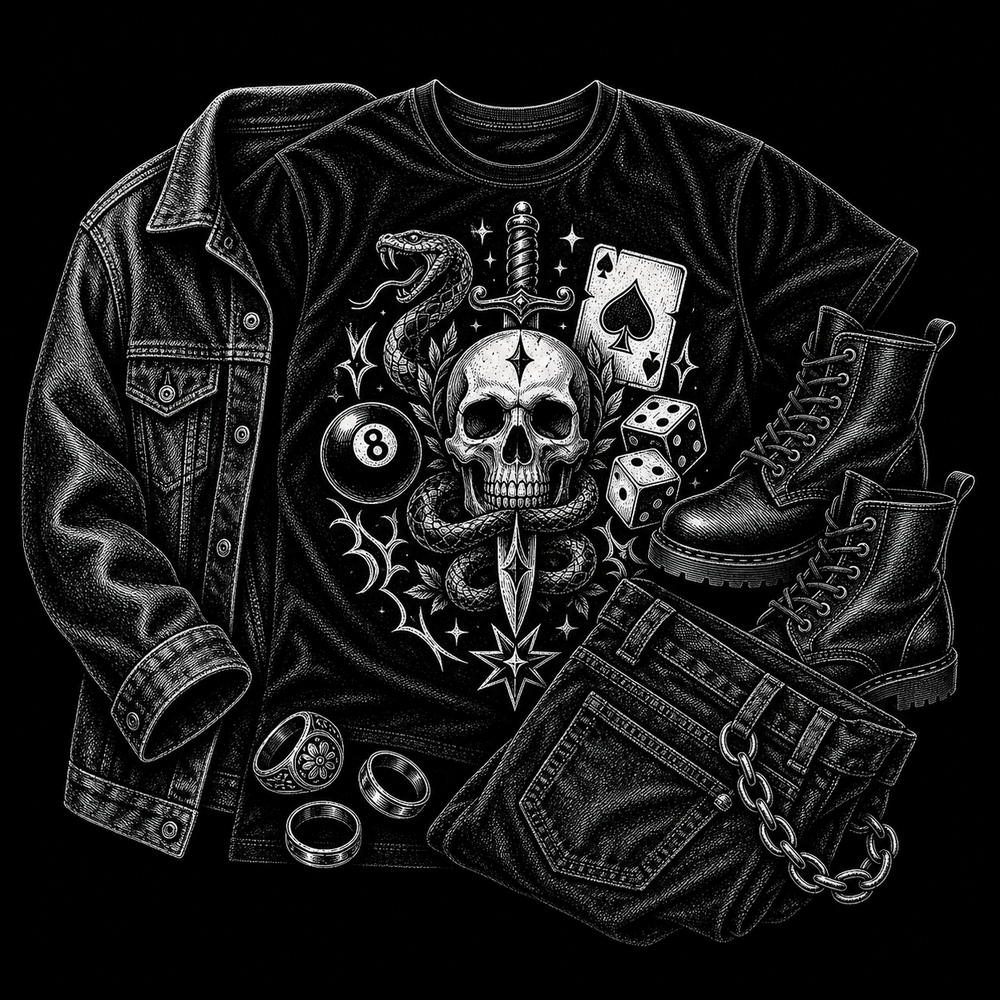 Tattoo flash T-shirt styled with black denim, boots and simple layers.