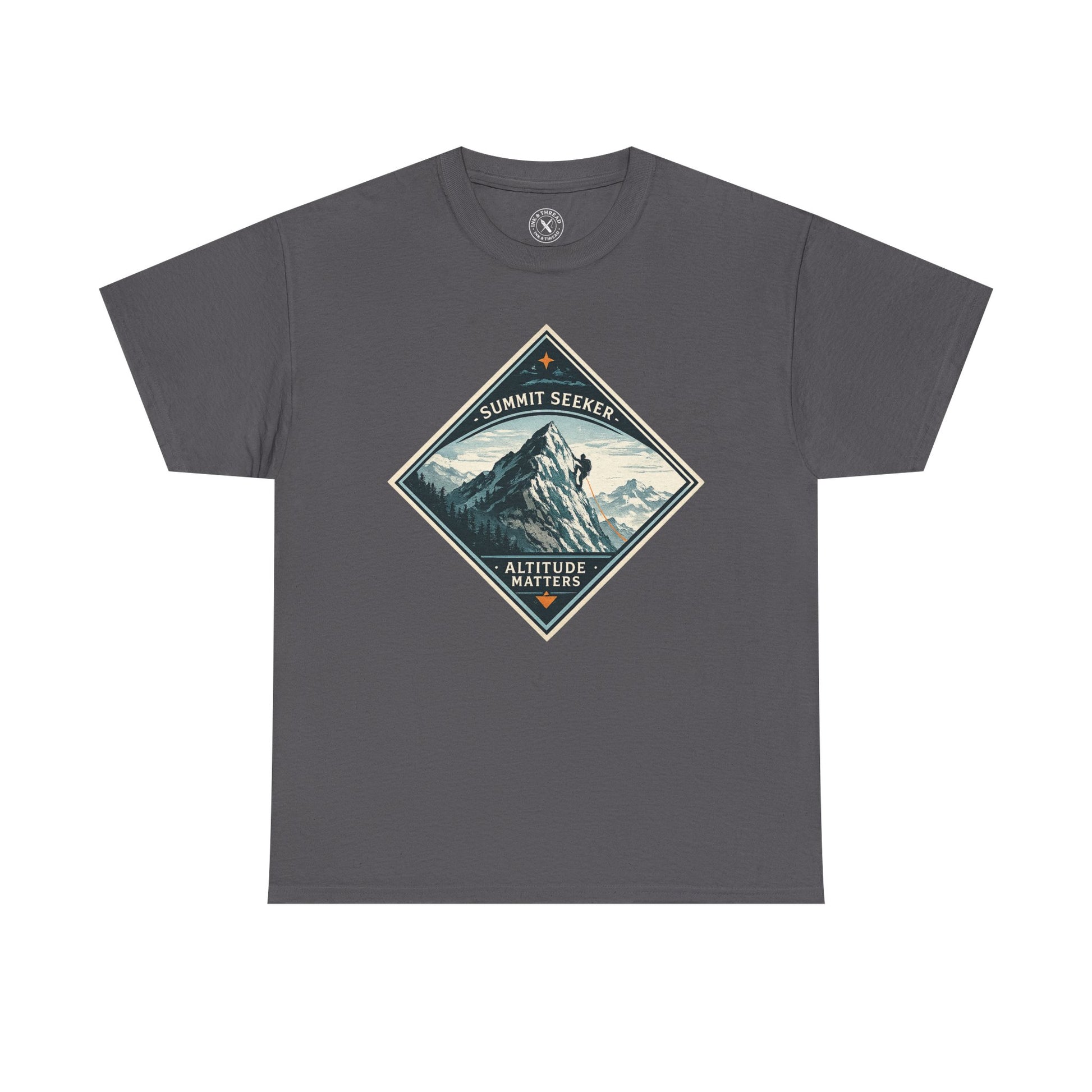Ink & Thread UK charcoal grey Summit Seeker Altitude Matters t-shirt with mountain climber diamond graphic