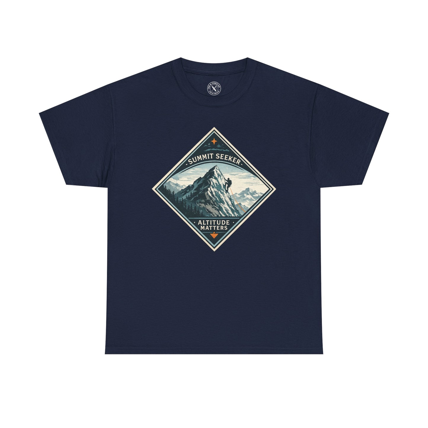 Ink & Thread UK navy blue Summit Seeker Altitude Matters t-shirt with mountain climber diamond graphic