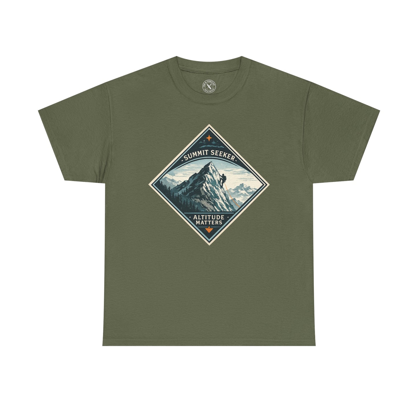 Ink & Thread UK olive green Summit Seeker Altitude Matters t-shirt with mountain climber diamond graphic