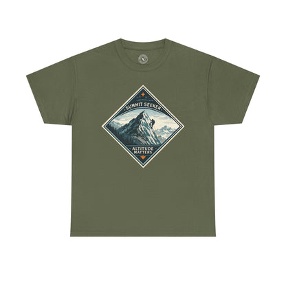 Ink & Thread UK olive green Summit Seeker Altitude Matters t-shirt with mountain climber diamond graphic
