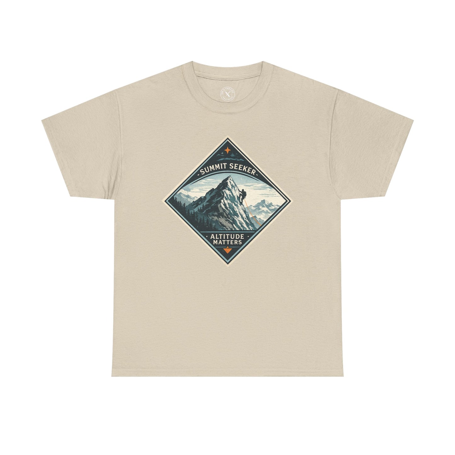 Ink & Thread UK sand beige Summit Seeker Altitude Matters t-shirt with mountain climber diamond graphic