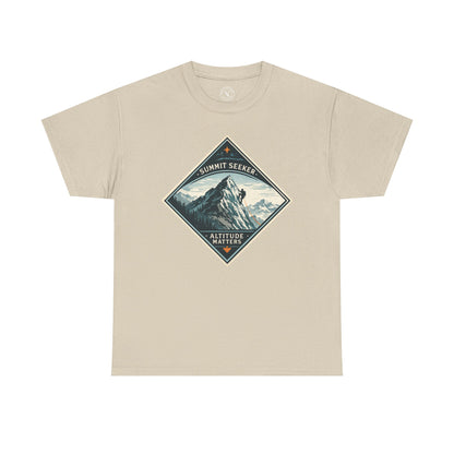 Ink & Thread UK sand beige Summit Seeker Altitude Matters t-shirt with mountain climber diamond graphic