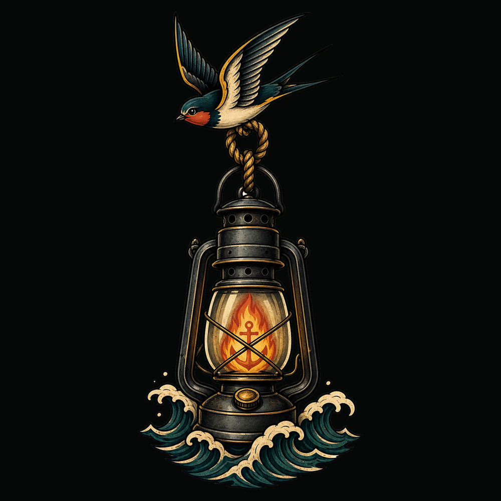 Swallow tattoo symbol with compass star, rope and dark sea marks.