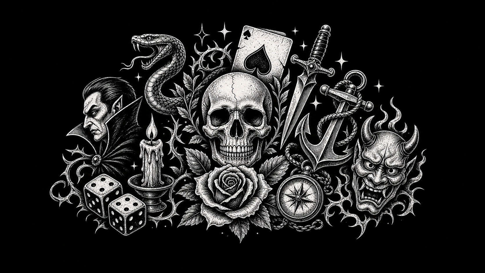 Old-school tattoo flash symbols arranged for dark graphic T-shirt artwork.