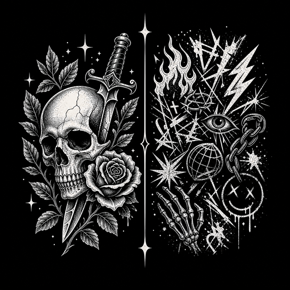 Tattoo flash design compared with generic graphic clothing elements.