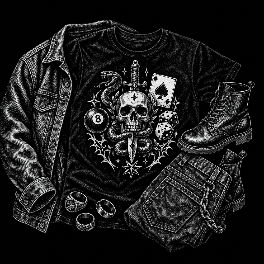 Wearable tattoo graphic tee with bold flash artwork on black fabric.