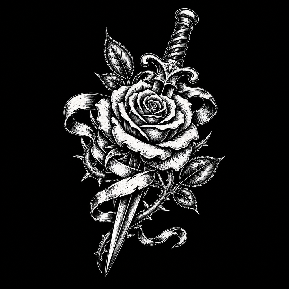 Thorned gothic rose tattoo with blade and ribbon.