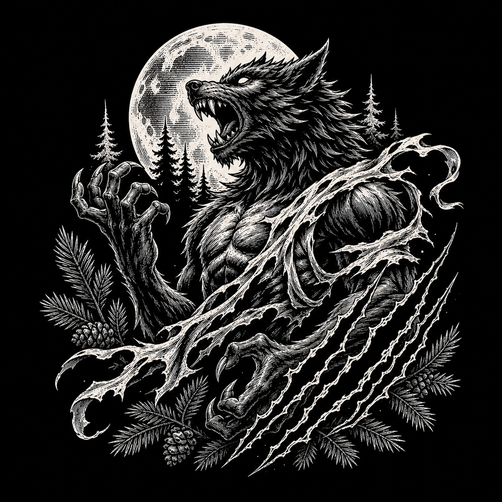 Werewolf symbolism with moon, claws and torn silhouette.