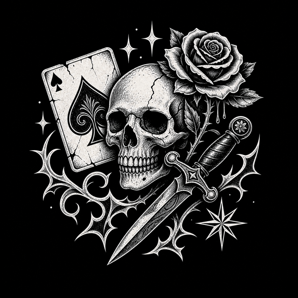 Tattoo flash clothing symbols with skull, rose, dagger and playing card.
