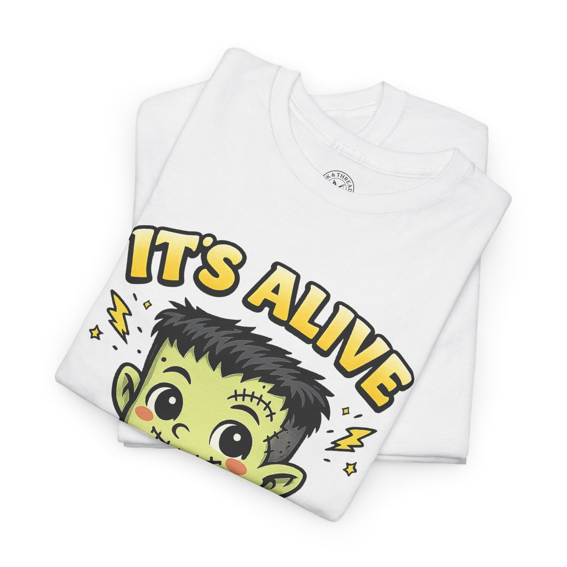 Its Alive Frankenstein Halloween T-Shirt in White - Folded View with Cute Monster Design