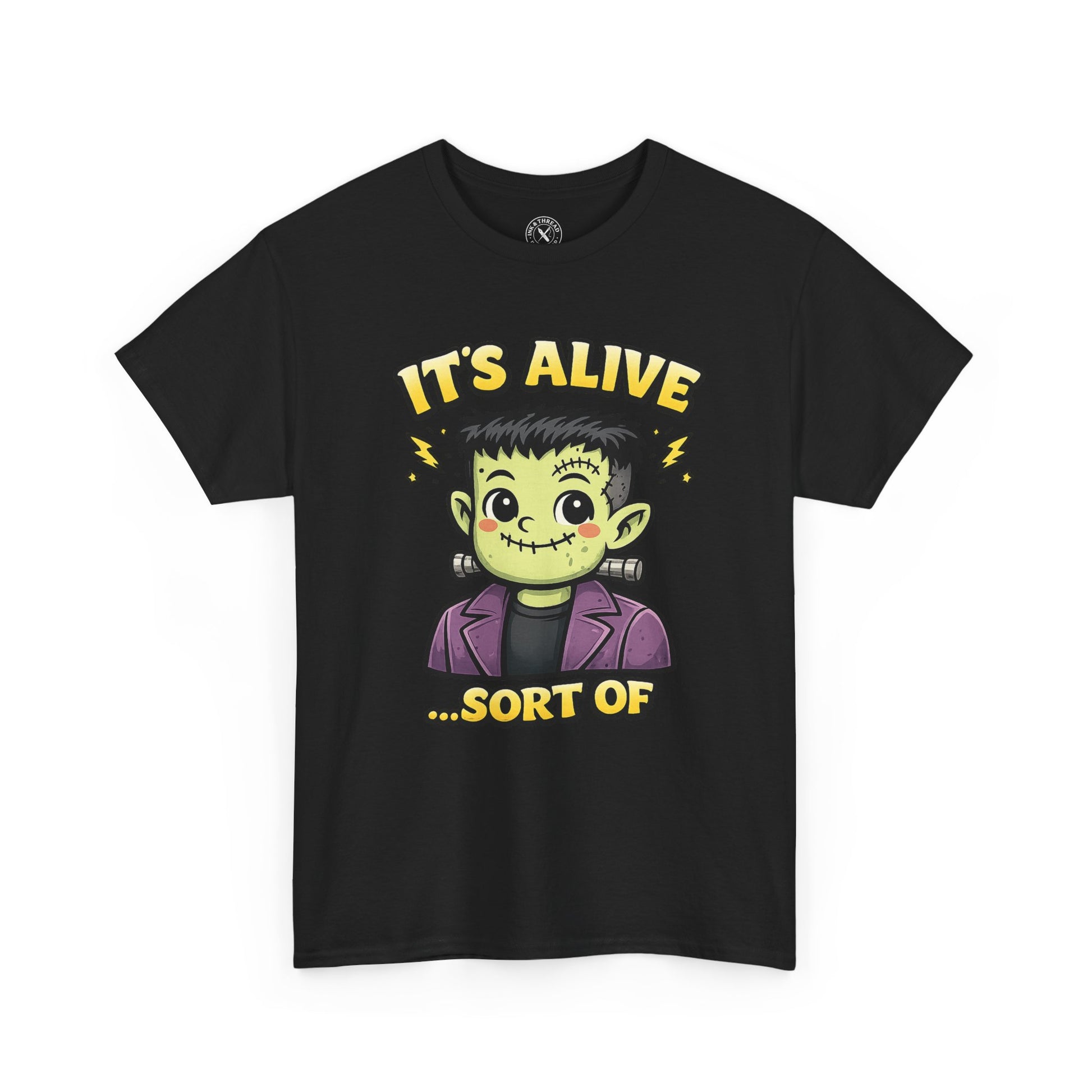 Its Alive Sort Of Frankenstein Halloween T-Shirt in Black - Cute Monster Design Unisex Tee