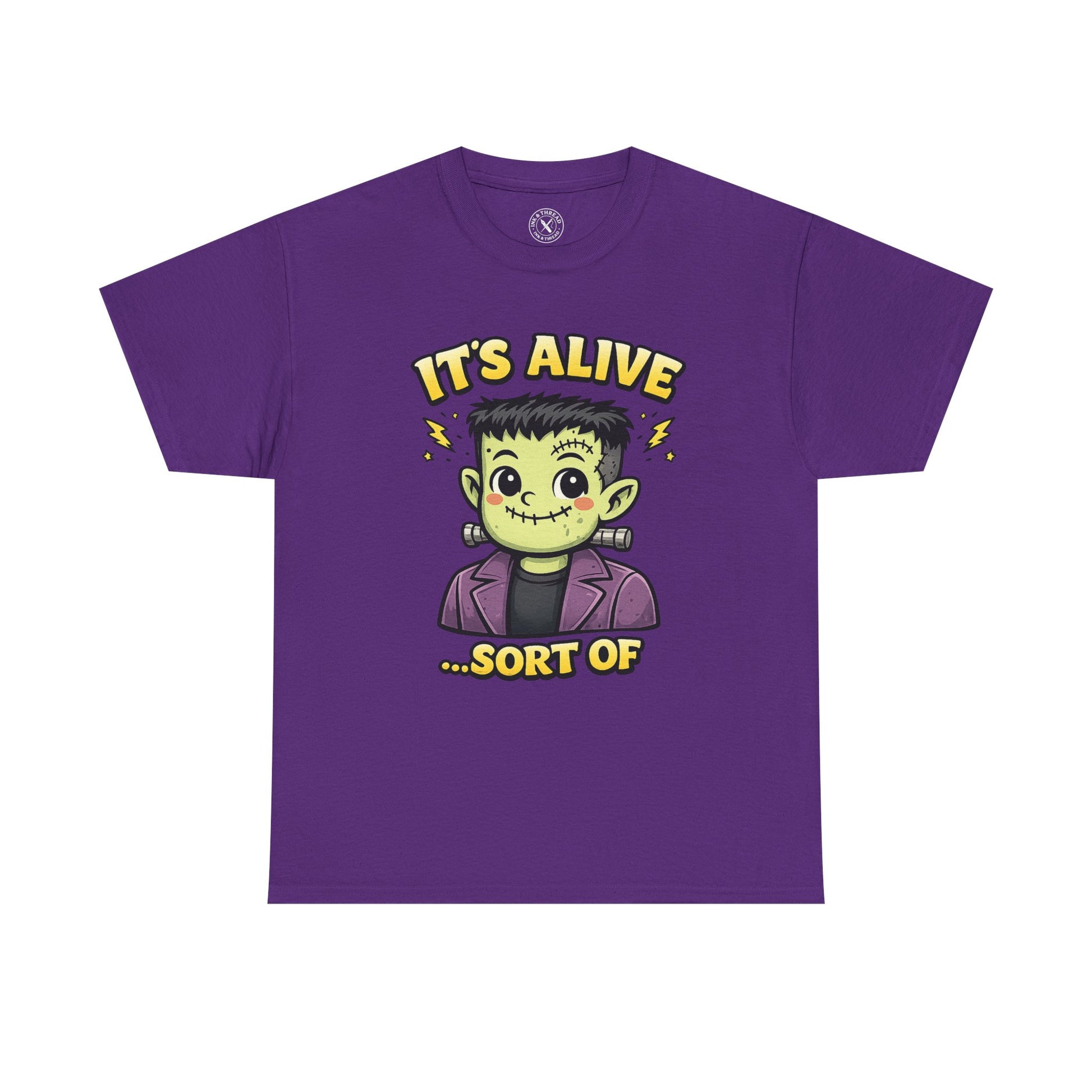 It's Alive Sort Of Frankenstein Halloween T-Shirt in Purple - Cute Kawaii Monster Design Unisex Tee