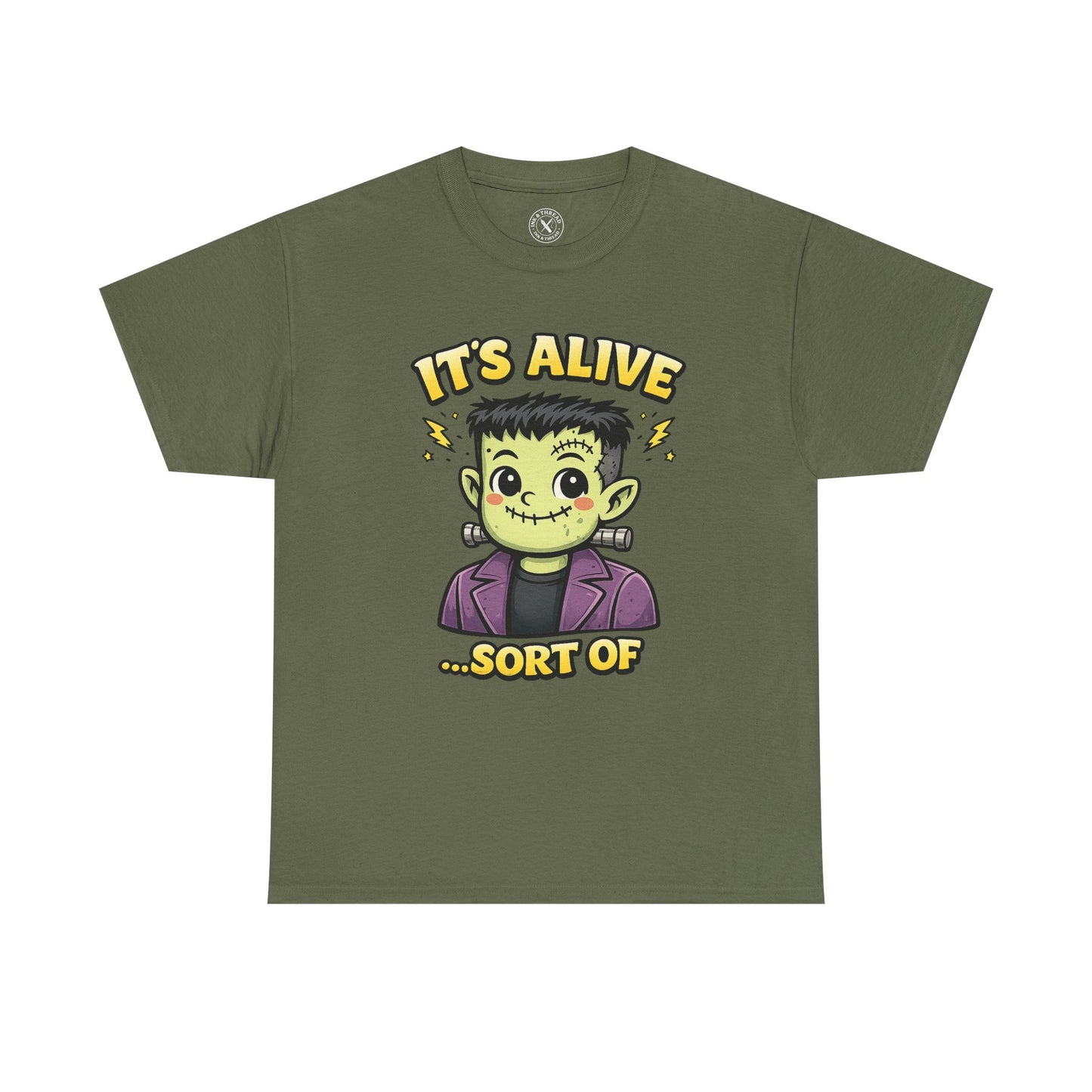 Olive green It's Alive Sort Of graphic t-shirt featuring a cute kawaii Frankenstein monster with lightning bolts Halloween design