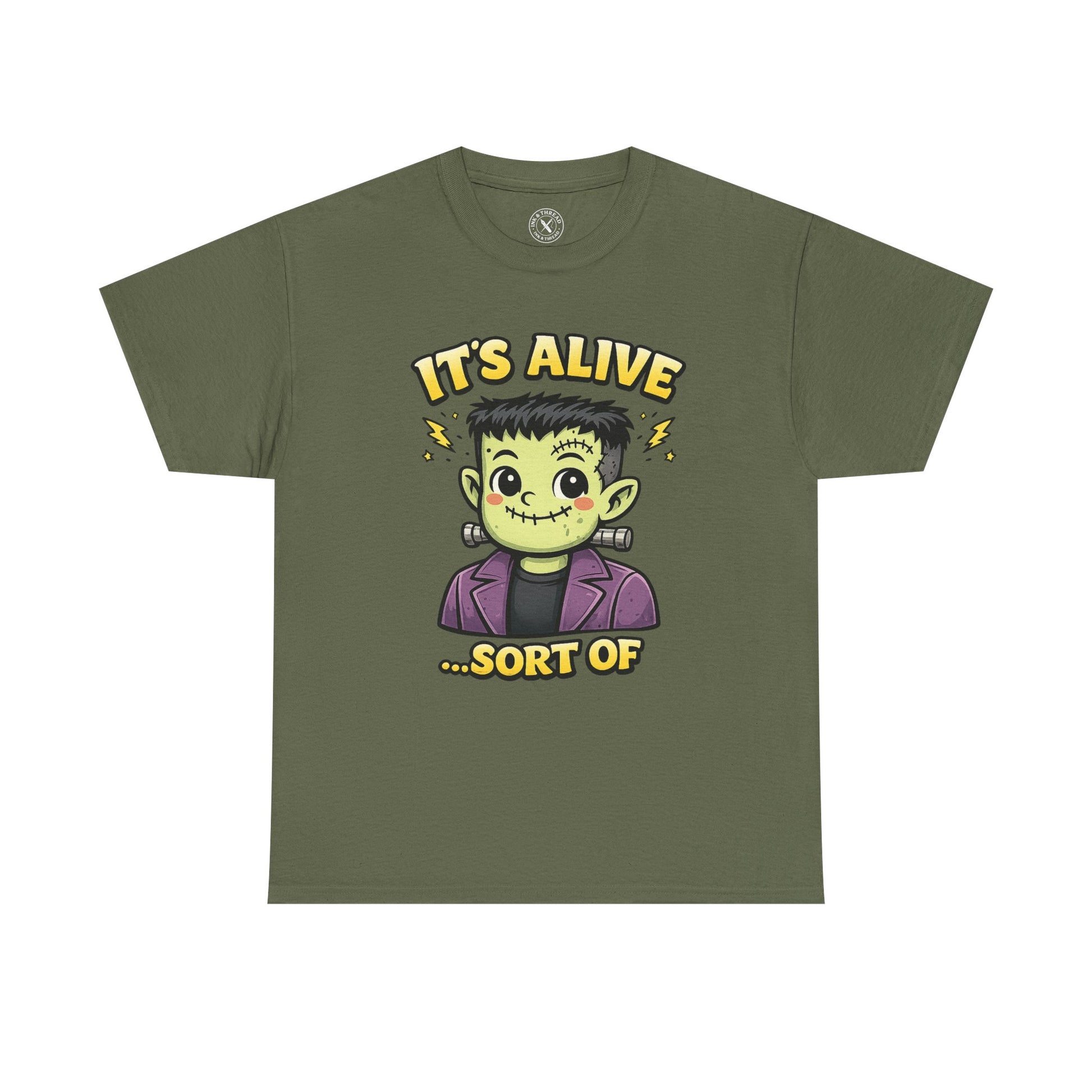Olive green It's Alive Sort Of graphic t-shirt featuring a cute kawaii Frankenstein monster with lightning bolts Halloween design