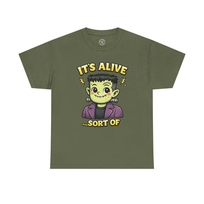 Olive green It's Alive Sort Of graphic t-shirt featuring a cute kawaii Frankenstein monster with lightning bolts Halloween design