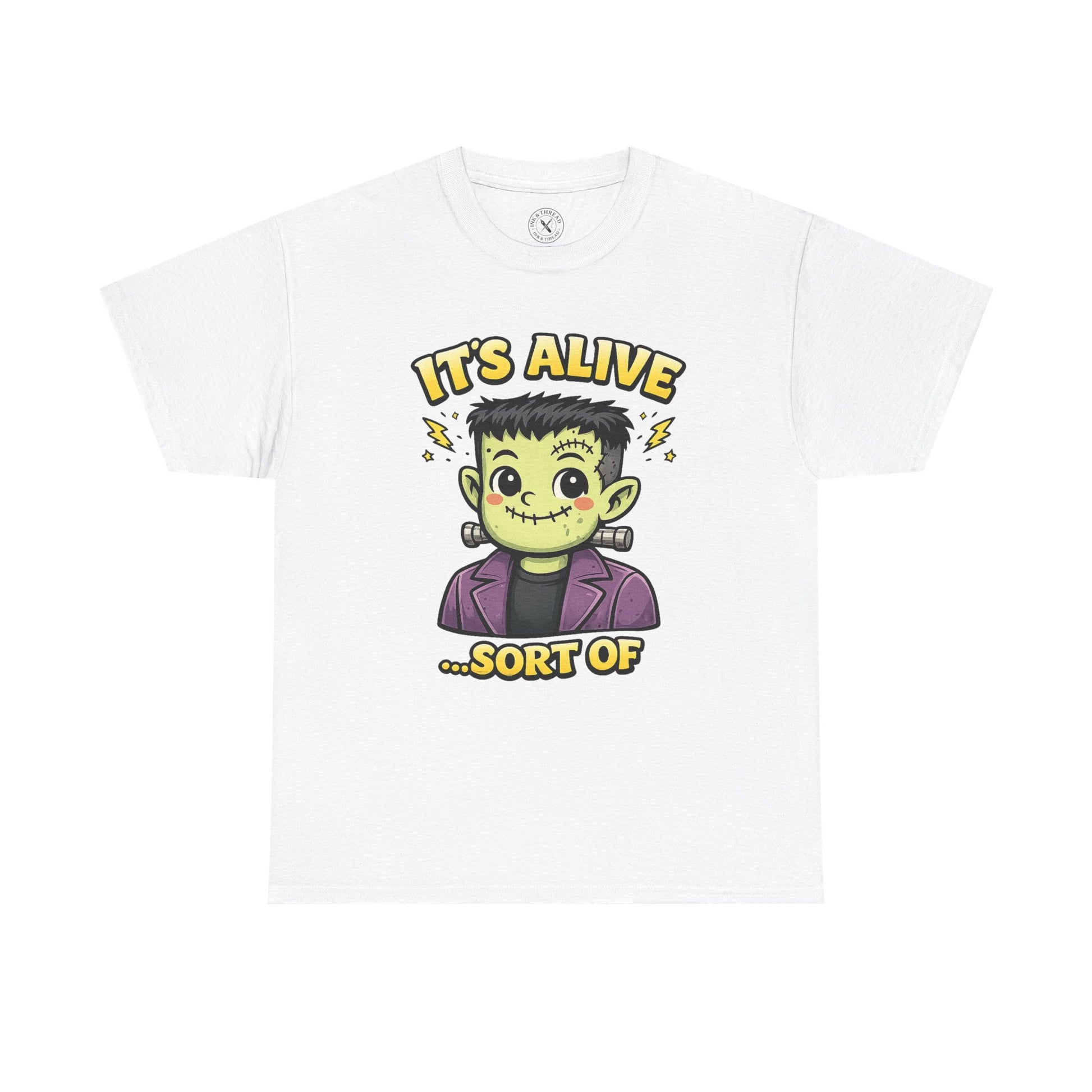 It's Alive Sort Of white graphic t-shirt featuring cute kawaii Frankenstein monster with lightning bolts