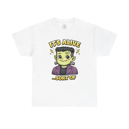 It's Alive Sort Of white graphic t-shirt featuring cute kawaii Frankenstein monster with lightning bolts