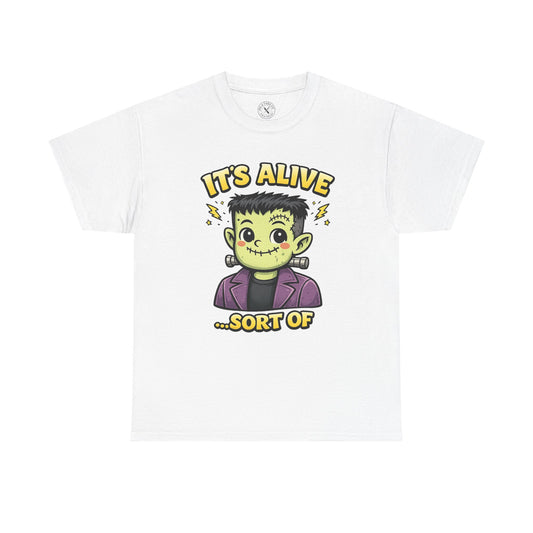It's Alive Sort Of white graphic t-shirt featuring cute kawaii Frankenstein monster with lightning bolts