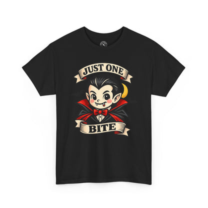 Just One Bite black graphic t-shirt featuring cute kawaii vampire with fangs and red cape Halloween design