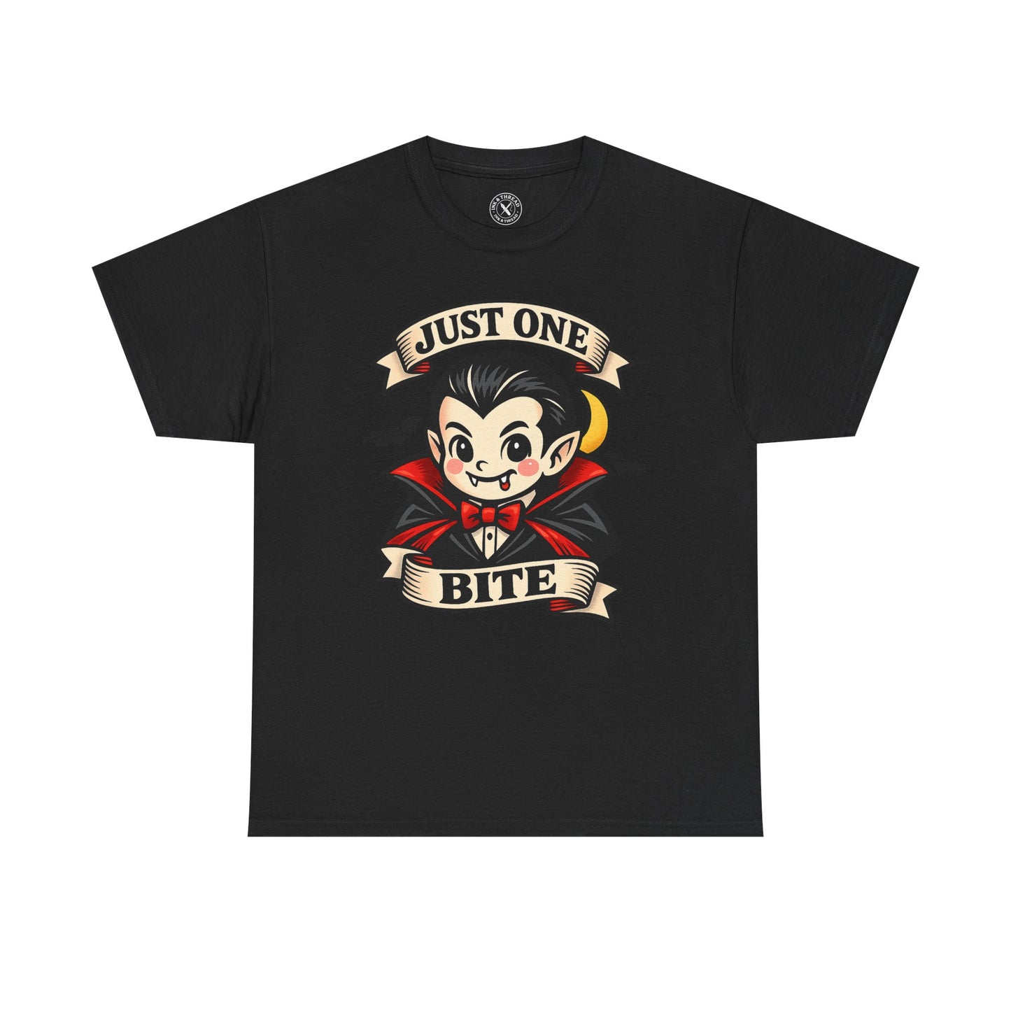 Dark grey Just One Bite vampire graphic t-shirt featuring a cute kawaii Dracula with fangs, red cape and crescent moon Halloween design