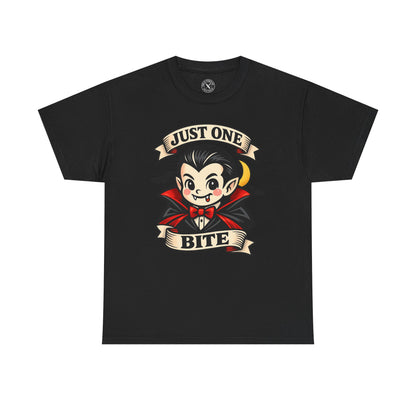 Dark grey Just One Bite vampire graphic t-shirt featuring a cute kawaii Dracula with fangs, red cape and crescent moon Halloween design