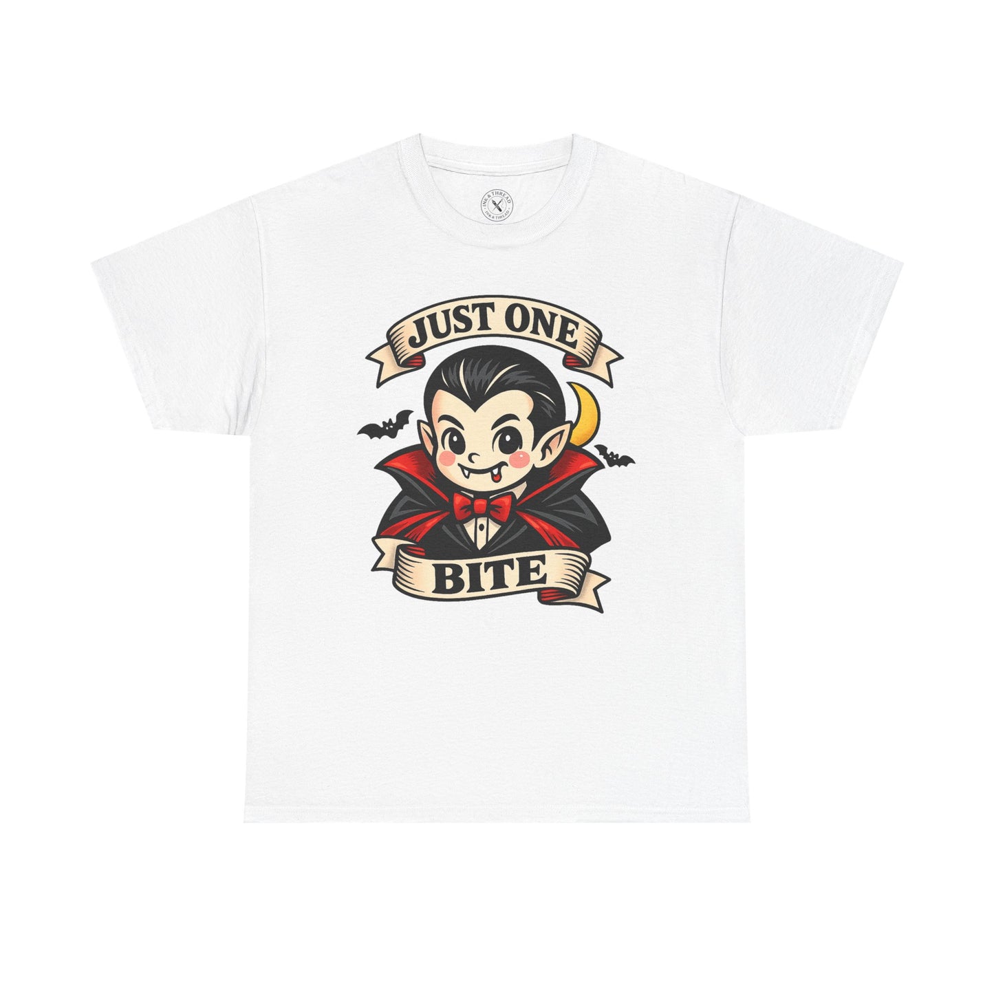 Light grey Just One Bite vampire graphic t-shirt featuring a cute kawaii Dracula with fangs, red cape and crescent moon Halloween design