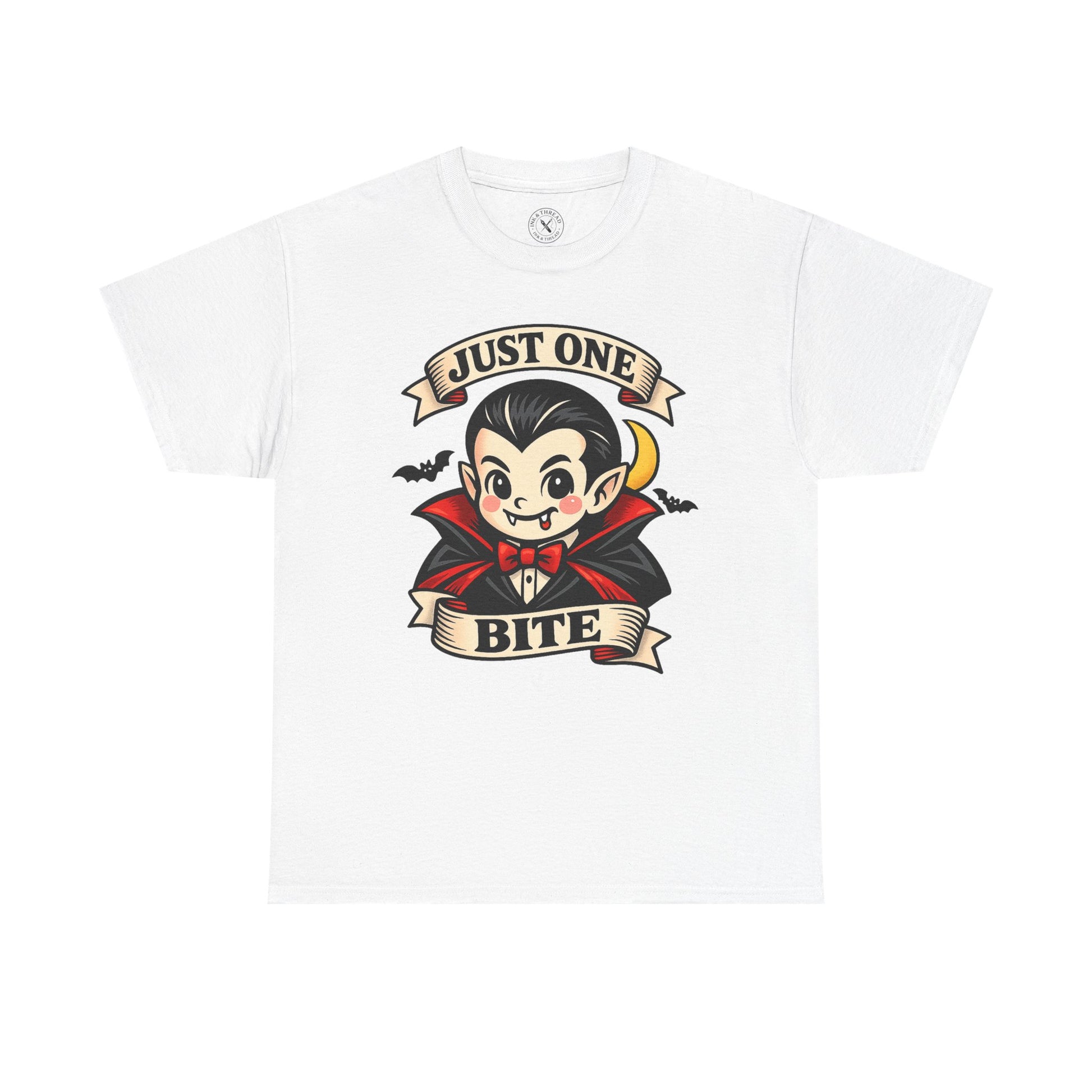 Light grey Just One Bite vampire graphic t-shirt featuring a cute kawaii Dracula with fangs, red cape and crescent moon Halloween design