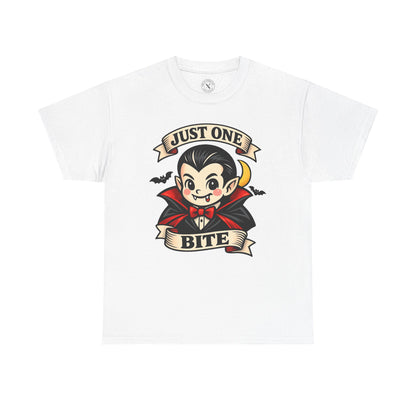 Light grey Just One Bite vampire graphic t-shirt featuring a cute kawaii Dracula with fangs, red cape and crescent moon Halloween design