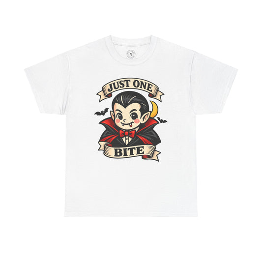 Light grey Just One Bite vampire graphic t-shirt featuring a cute kawaii Dracula with fangs, red cape and crescent moon Halloween design