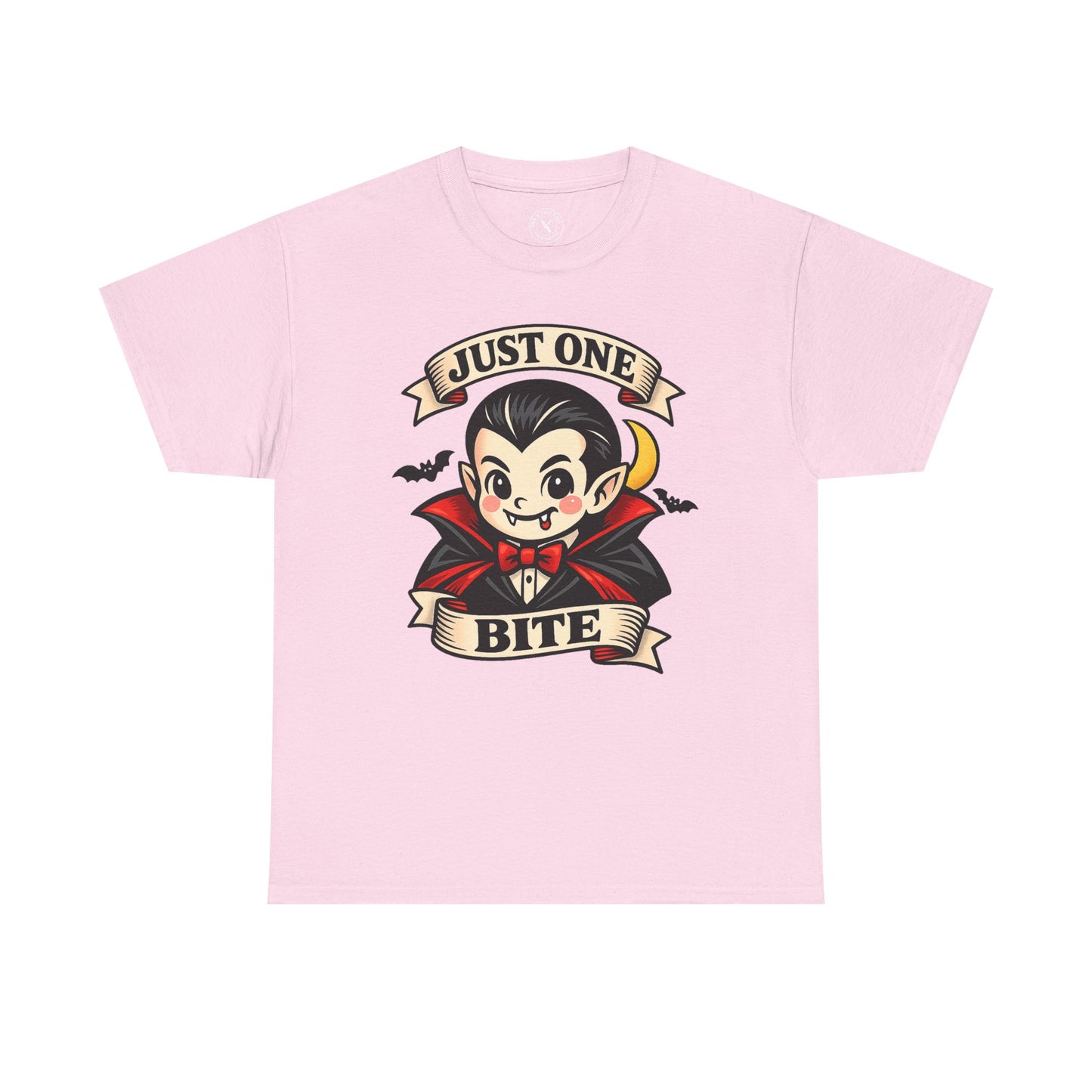 Pink Just One Bite vampire graphic t-shirt featuring a cute kawaii Dracula with fangs, red cape and crescent moon Halloween design