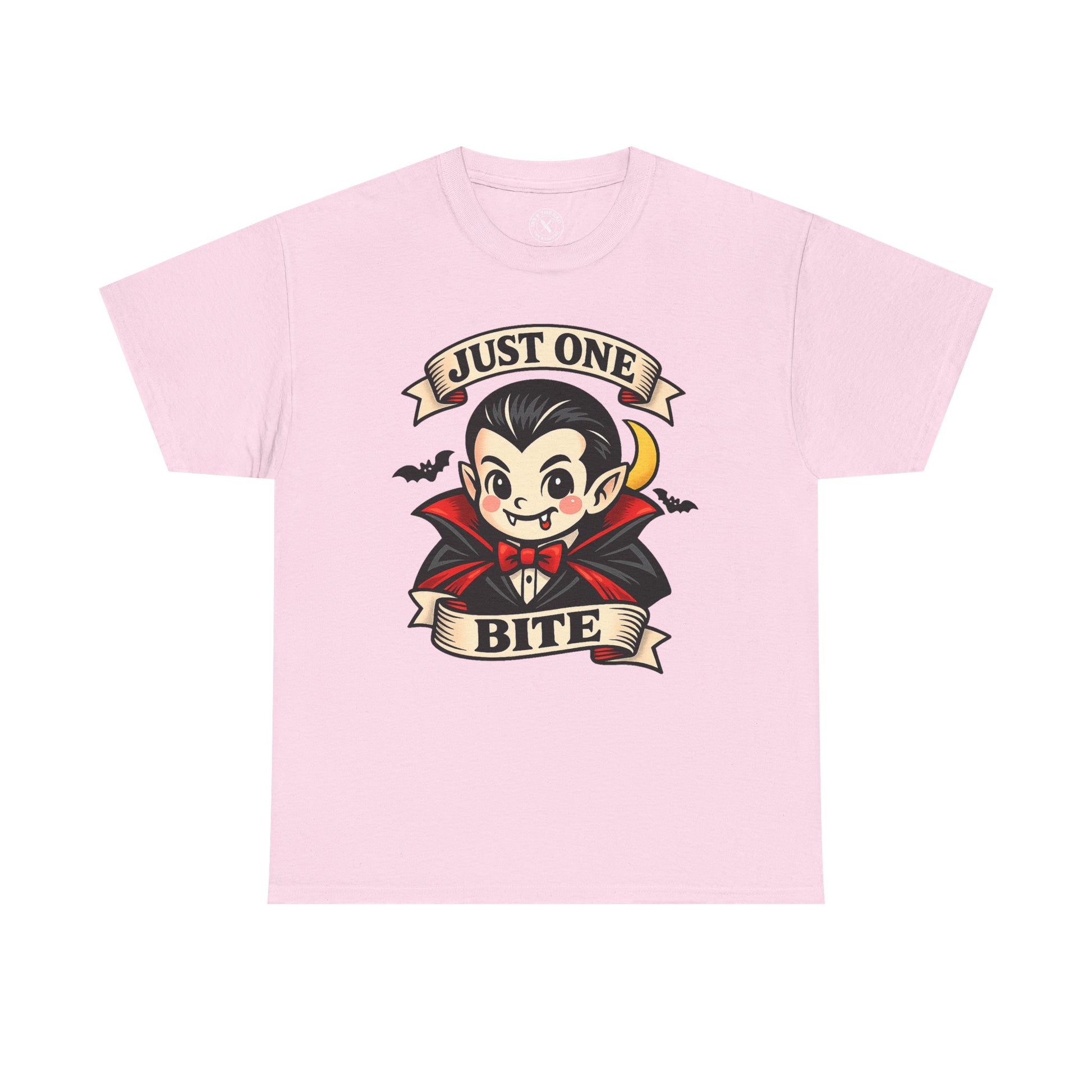 Pink Just One Bite vampire graphic t-shirt featuring a cute kawaii Dracula with fangs, red cape and crescent moon Halloween design