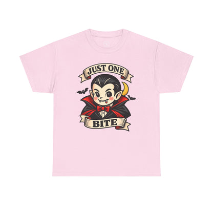 Pink Just One Bite vampire graphic t-shirt featuring a cute kawaii Dracula with fangs, red cape and crescent moon Halloween design