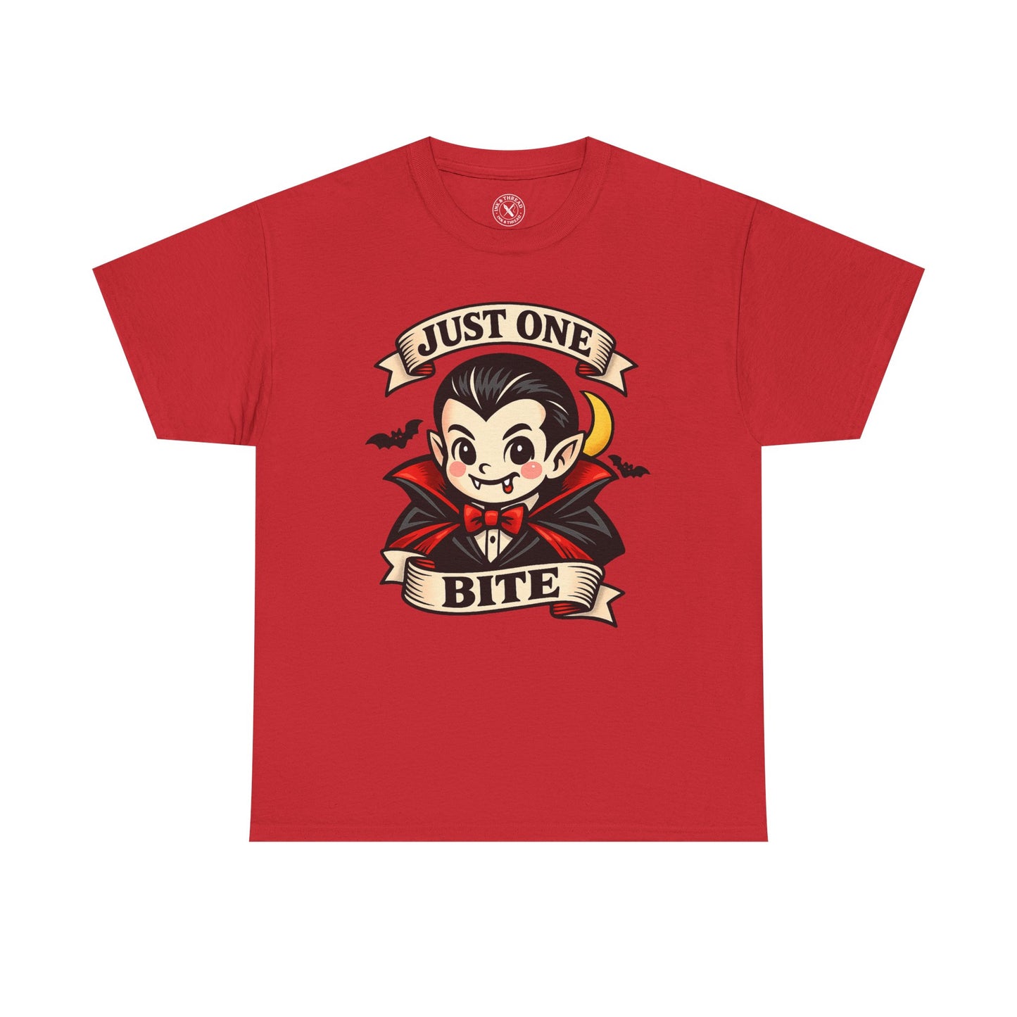 Red Just One Bite vampire graphic t-shirt featuring a cute kawaii Dracula with fangs, red cape and crescent moon Halloween design