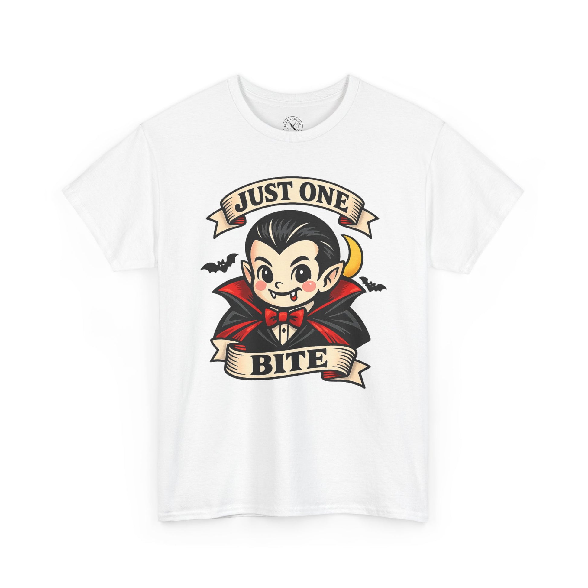 Just One Bite white graphic t-shirt featuring cute kawaii vampire with fangs and red cape Halloween design