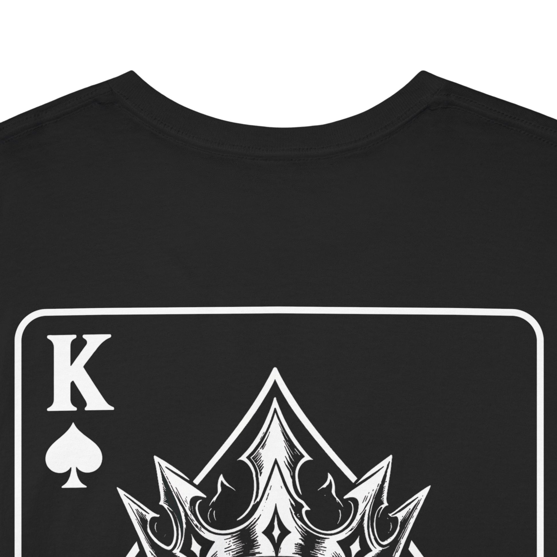 Black graphic t-shirt back view - King of Spades crown playing card design by Ink and Thread UK