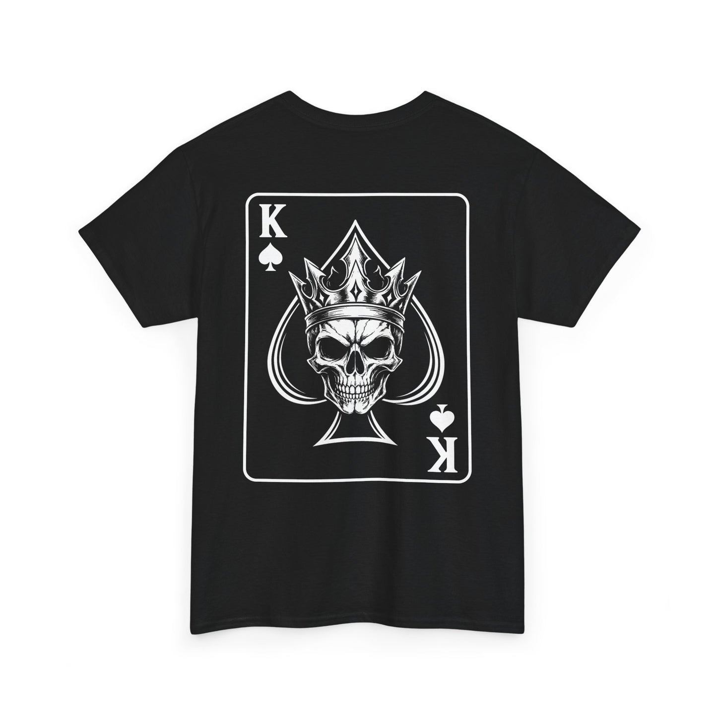 Black graphic t-shirt front view - King of Spades skull with crown card design by Ink and Thread UK