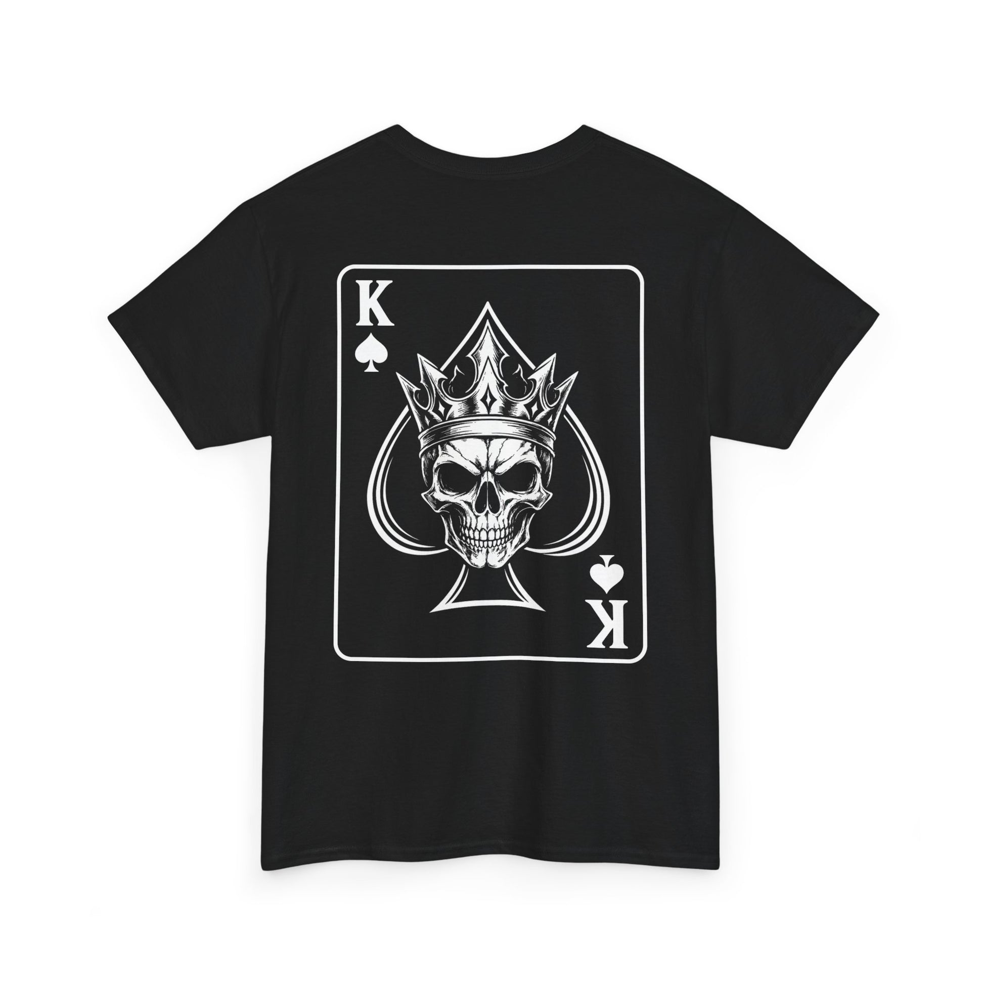 Black graphic t-shirt front view - King of Spades skull with crown card design by Ink and Thread UK