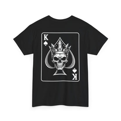 Black graphic t-shirt front view - King of Spades skull with crown card design by Ink and Thread UK