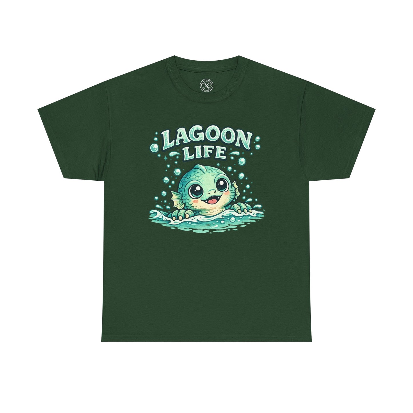 Lagoon Life Sea Creature T-Shirt in Forest Green - Cute Fish Character Design Unisex Tee
