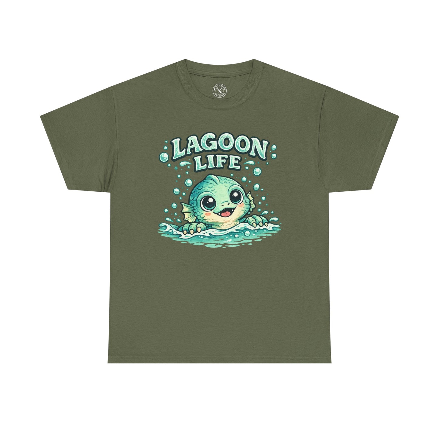 Lagoon Life Sea Creature T-Shirt in Olive Green - Cute Fish Character Design Unisex Tee