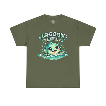Lagoon Life Sea Creature T-Shirt in Olive Green - Cute Fish Character Design Unisex Tee