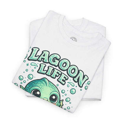Lagoon Life Sea Creature T-Shirt in White - Folded View with Cute Fish Character Design