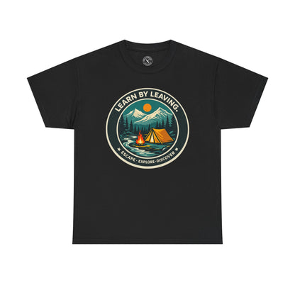 Black unisex t-shirt featuring Learn By Leaving camping circular badge graphic with tent, campfire, mountains and escape explore discover design